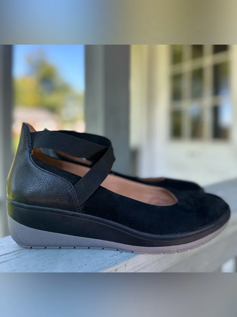 VIONIC 11 Ellery Ankle Strap Up Black Nubuck Leather Wedge
